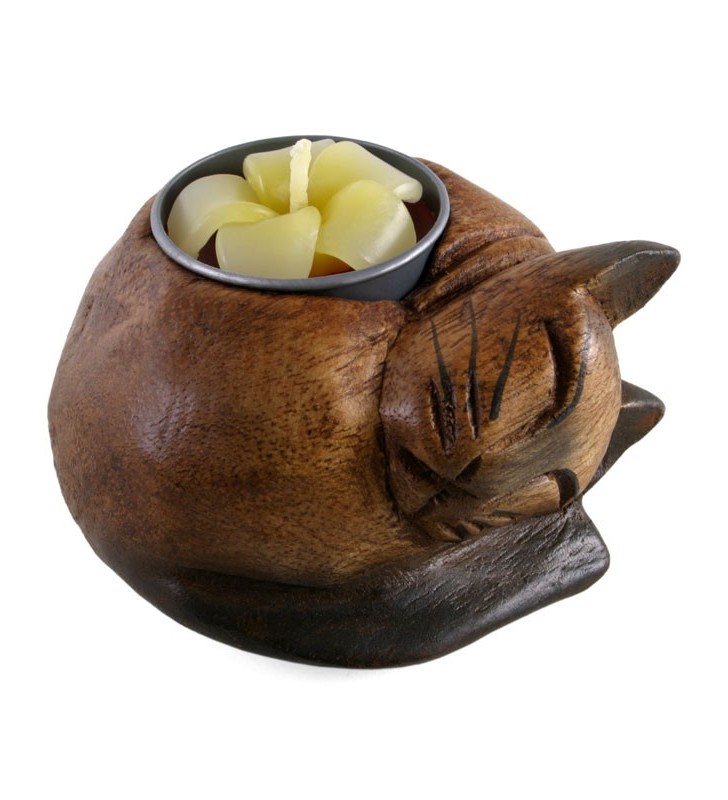 Wooden Curled Cat Tea Light Holder